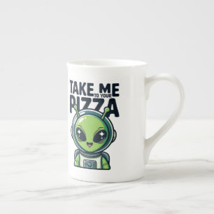 Cute Alien Take Me to Your Pizza Astronaut Bone China Mug