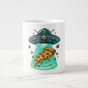 Cute Alien UFO Beaming Up Pizza Funny Cartoon Large Coffee Mug