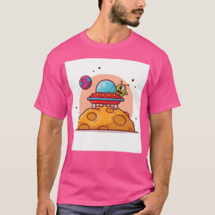 Cute Alien Ufo Spaceship Landed Moon Cartoon Icon  T-Shirt
