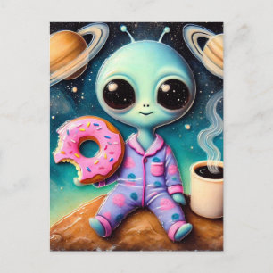 Cute Alien With Coffee and Doughnut in Space Postcard