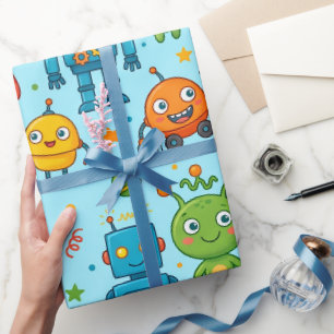 Cute Aliens and Robots Space Pattern Wrapping Paper