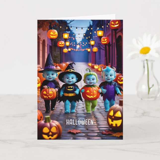 Cute Aliens Trick or Treaters Halloween Scene Card (Small Plant)