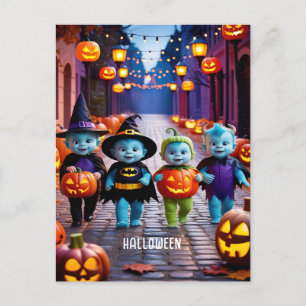 Cute Aliens Trick or Treaters Halloween Scene Postcard