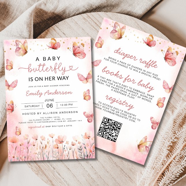 Cute All in One QR Code Girl Butterfly Baby Shower Invitation (Creator Uploaded)