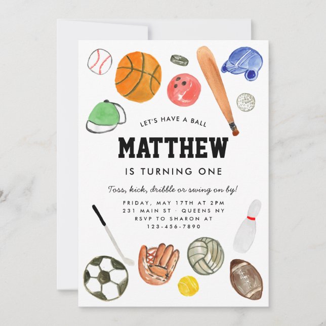 Cute All Star Sports Balls Team Kid Boy Birthday Invitation (Front)