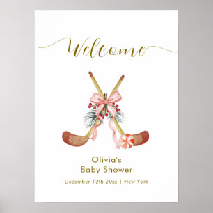 Cute All Stars Bow Hockey Girl Baby Shower Welcome Poster