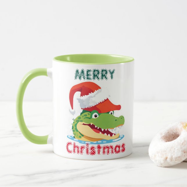 Cute alligator crocodile Christmas Safari Santa  Mug (With Donut)