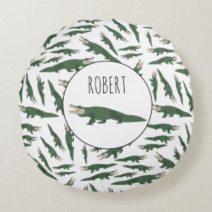 Cute Alligator Crocodile Pattern Custom Name Round Cushion