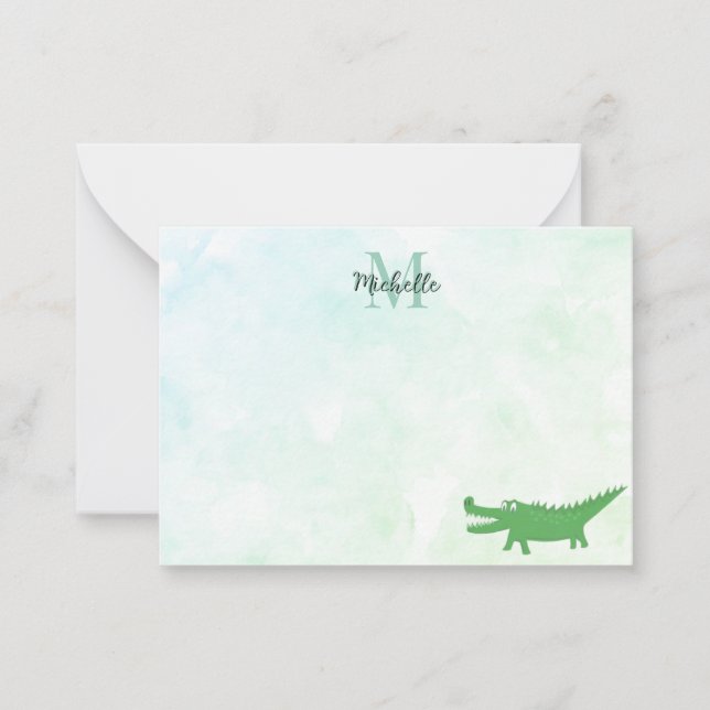  Cute Alligator Editable Monogram Watercolor Card (Front)