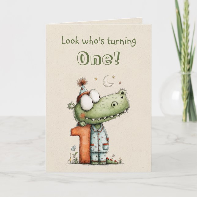 Cute Alligator First Birthday for One Year Old Card (Front)