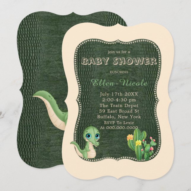 Cute Alligator Green Cactus Baby Shower Invites (Front/Back)