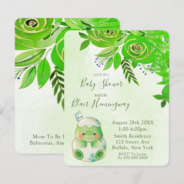 Cute Alligator Green Gold Flowers Baby Shower Invitation (Front/Back)