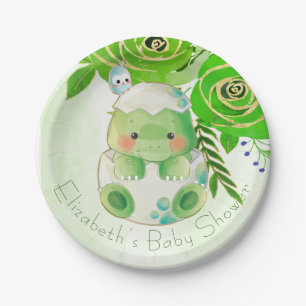 Cute Alligator Green Gold Flowers Baby Shower Paper Plate