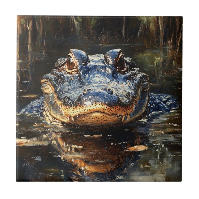 Cute Alligator in the Florida Everglades Painting Tile (Front)