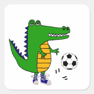 Cute Alligator Playing Soccer or Football Cartoon Square Sticker