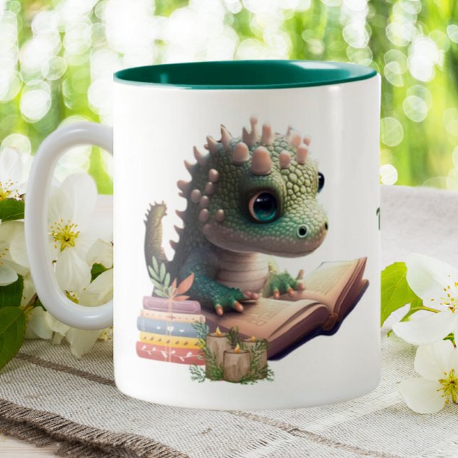 Cute Alligator Reading a Book Personalised  Two-Tone Coffee Mug (Creator Uploaded)