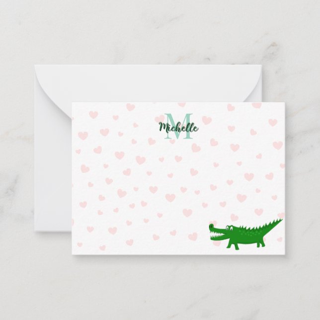  Cute Alligator Red Hearts Lined Personalised Card (Front)