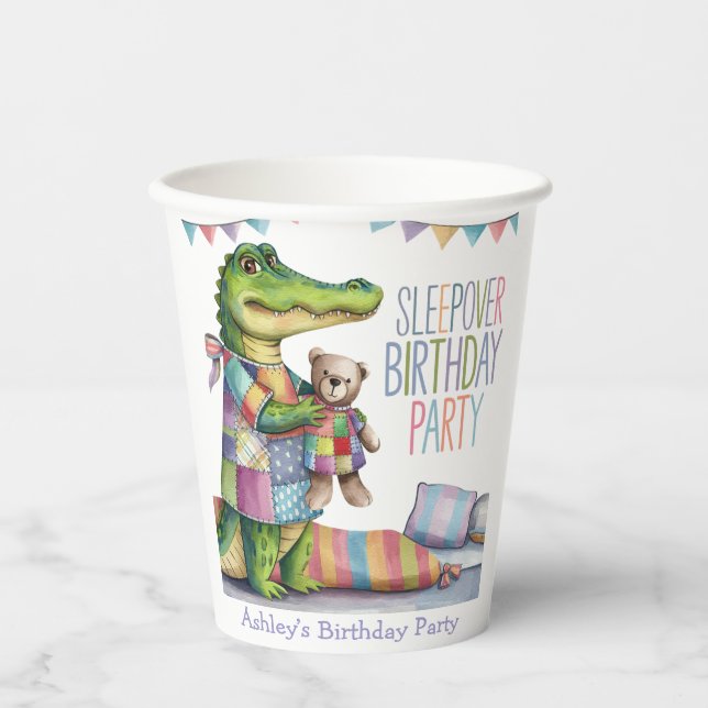 Cute Alligator Sleep Over Birthday Party Paper Cups (Front)