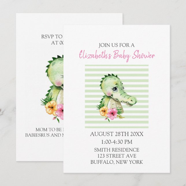 Cute Alligator Watercolor Hibiscus Baby Shower  In Invitation (Front/Back)