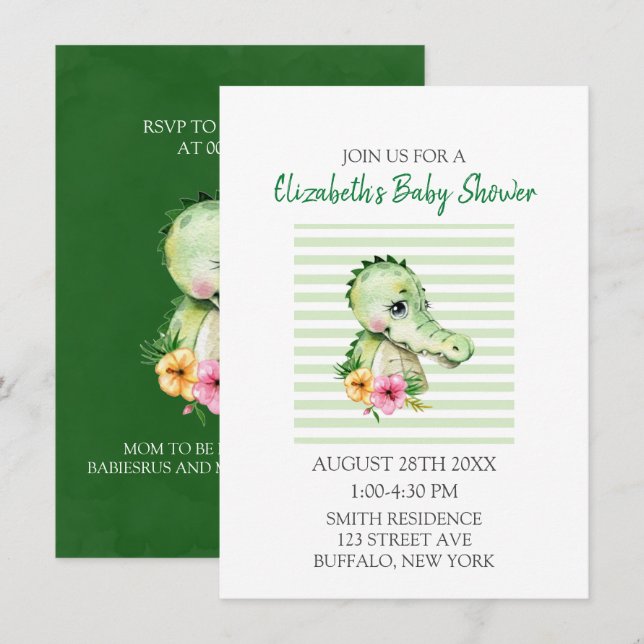 Cute Alligator Watercolor Hibiscus Baby Shower Invitation (Front/Back)