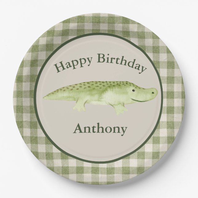 Cute Alligator Watercolor Name Birthday Paper Plate (Front)
