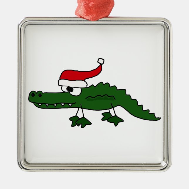 Cute Alligator Wearing Christmas Hat Metal Tree Decoration (Front)