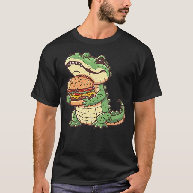 Cute Alligator With Burger I Kids Burger T-Shirt (Front)