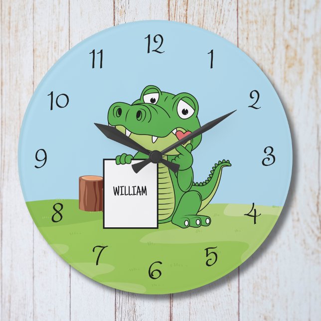 Cute Alligator with Heart & Custom name  Large Clock (Creator Uploaded)