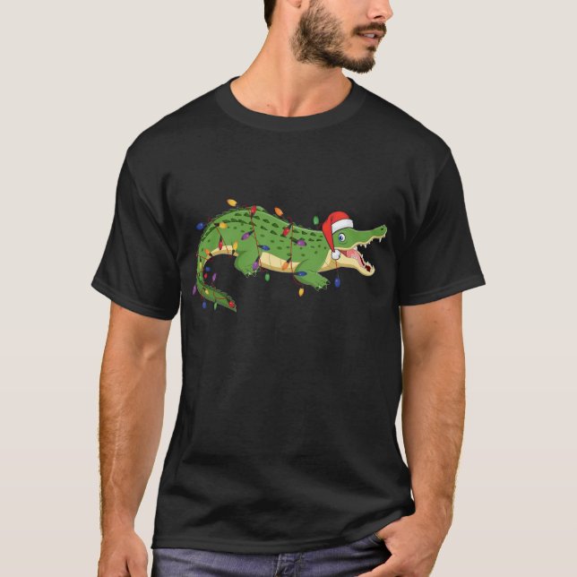 Cute Alligator With Santa's Hat Christmas Lights X T-Shirt (Front)