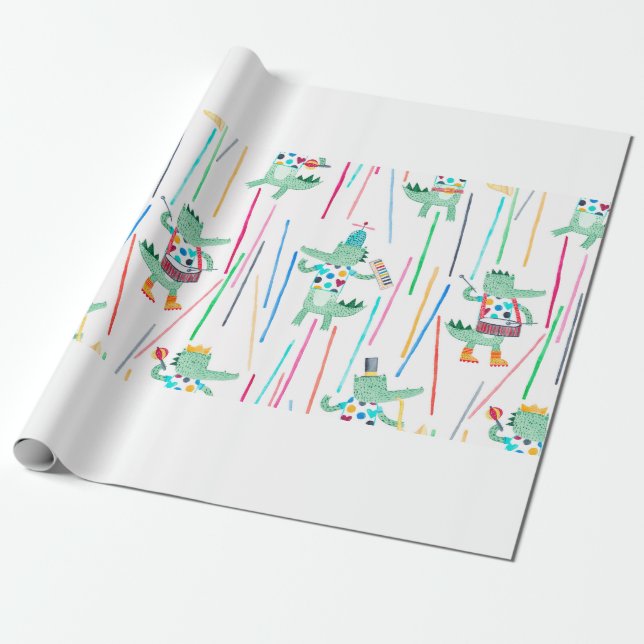 Cute alligators with musical instruments. Watercol Wrapping Paper (Unrolled)