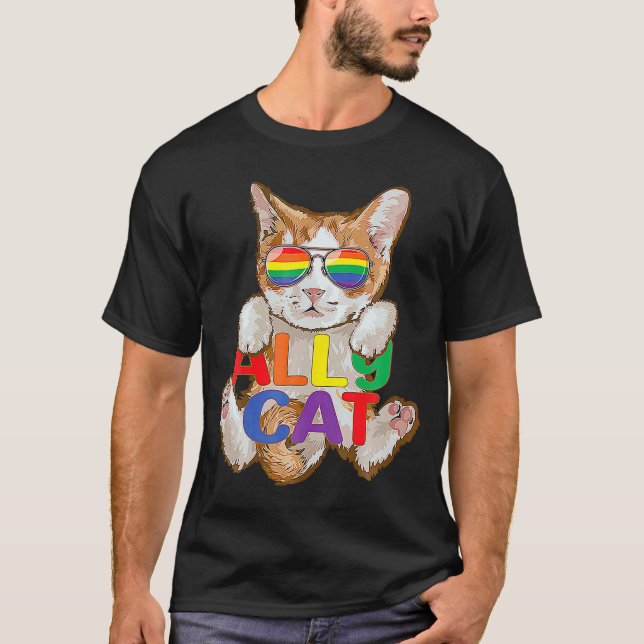 Cute Ally Cat LGBT Gay Rainbow Pride Flag Kitten S T-Shirt (Front)