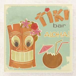 Cute Aloha Tiki Bar Pineapple Cartoon Glass Coaster