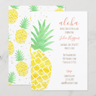 Cute Aloha Tropical Watercolor Pineapple with Gold Invitation