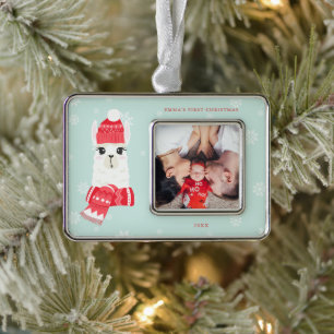 Cute Alpaca Baby's First Christmas Custom Photo Silver Plated Framed Ornament