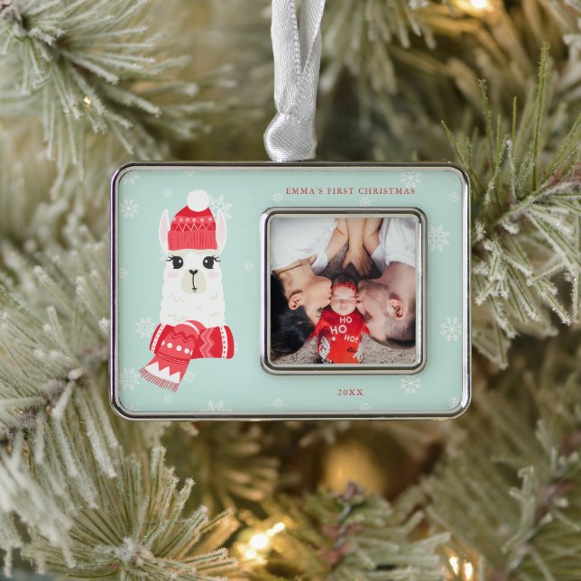 Cute Alpaca Baby's First Christmas Custom Photo Silver Plated Framed Ornament (Tree)