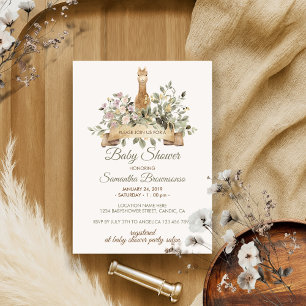 Cute Alpaca Botanical Ribbon Baby Shower Invitation