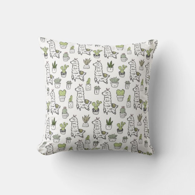 Cute Alpaca & Cactus Pattern Cushion (Front)