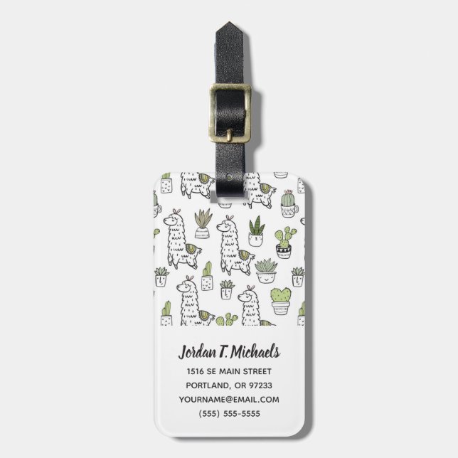 Cute Alpaca & Cactus Pattern Luggage Tag (Front Vertical)