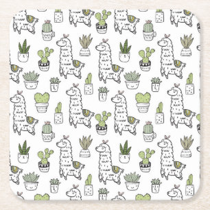 Cute Alpaca & Cactus Pattern Square Paper Coaster