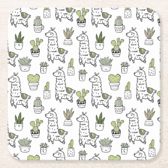 Cute Alpaca & Cactus Pattern Square Paper Coaster (Front)