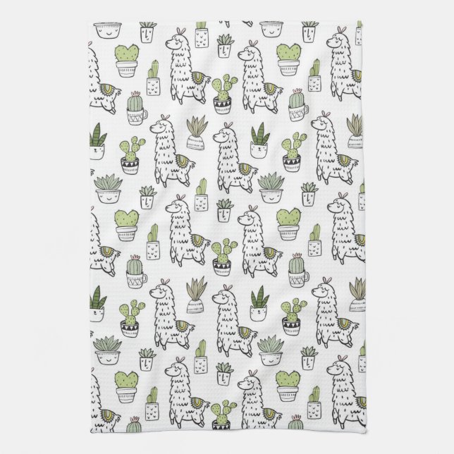 Cute Alpaca & Cactus Pattern Tea Towel (Vertical)