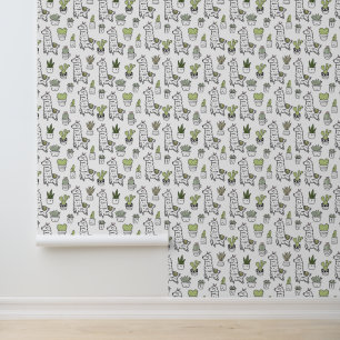 Cute Alpaca & Cactus Pattern Wallpaper