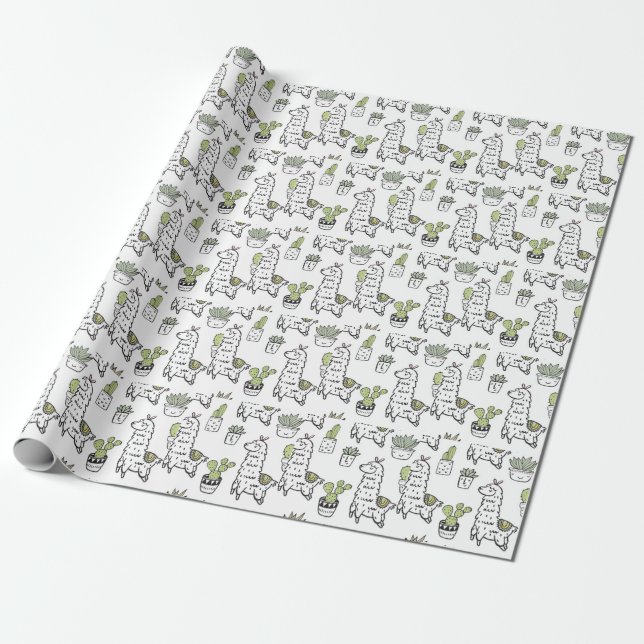 Cute Alpaca & Cactus Pattern Wrapping Paper (Unrolled)