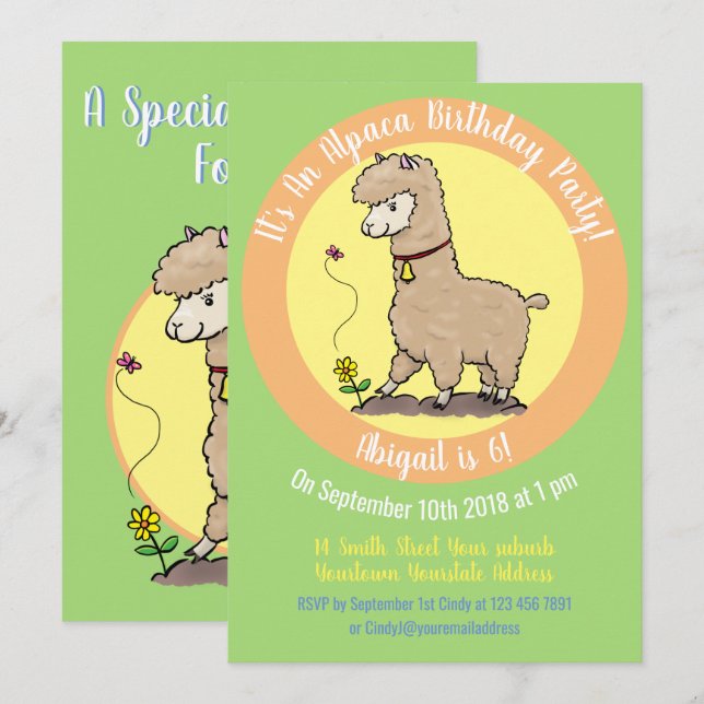 Cute alpaca cartoon  invitation (Front/Back)