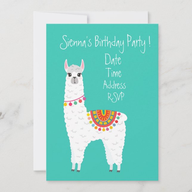 Cute alpaca colourful girls cute birthday party invitation (Front)
