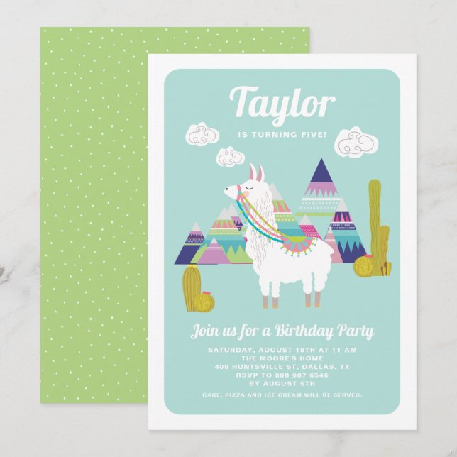 Cute Alpaca Colourful Kids Birthday Invitation (Front/Back)