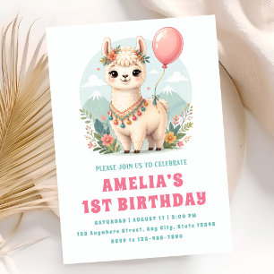 Cute Alpaca Girl 1st Birthday Party Invitation