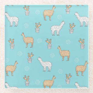 Cute Alpaca Llama Cactus Pattern Glass Coaster