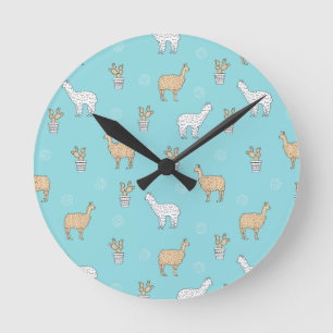 Cute Alpaca Llama Cactus Pattern Round Clock