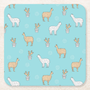 Cute Alpaca Llama Cactus Pattern Square Paper Coaster